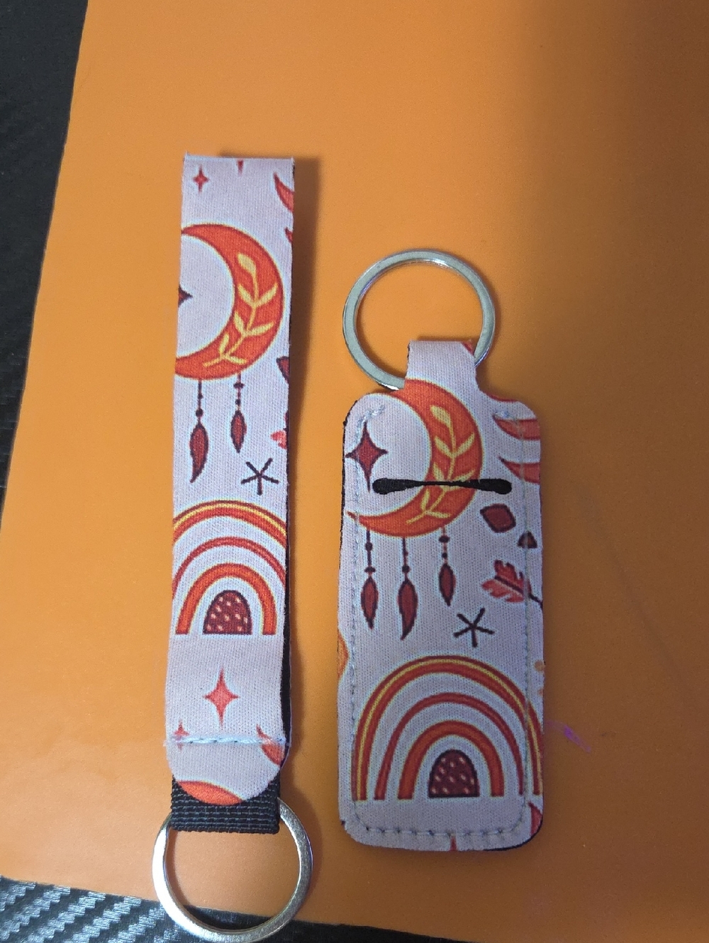 Crescent Moon & Rainbow Keychain Set in Peach Pink
